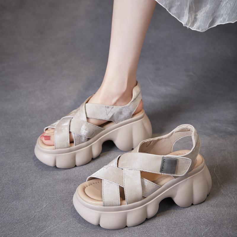 

2025 Summer Genuine Leather Shoes Women Platform Sandals Fashion Brand High Heels Ladies Party Shoes Elegant High Heels Sandals 8cm 36 бежевый