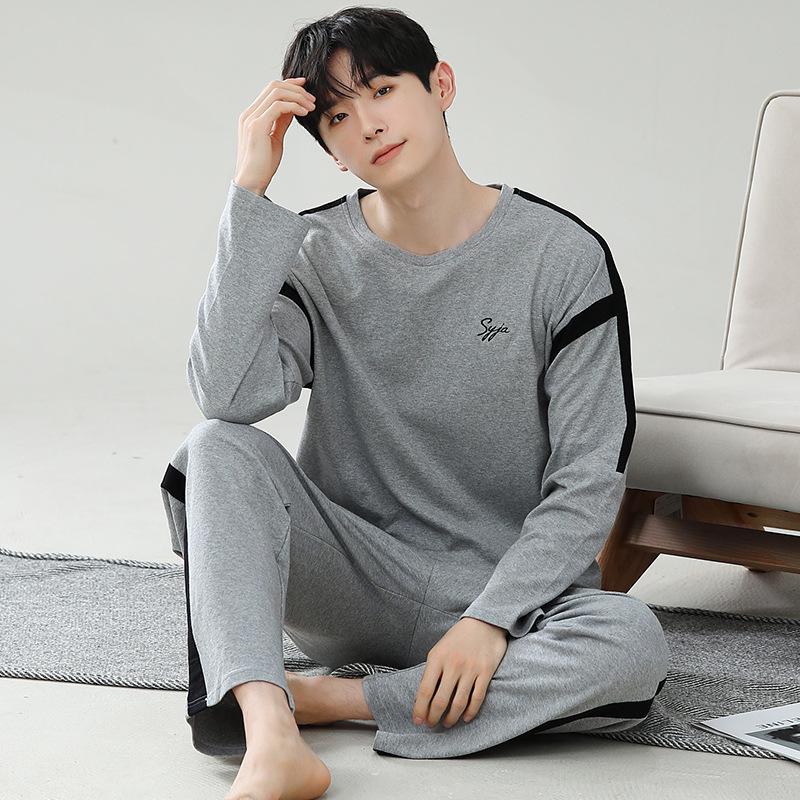 Men's Spring/Autumn Modal Pajama Set: Round Neck Pullover with Long-Sleeve Top and Trousers, Suitable for Outdoor Wear and Sports Style.