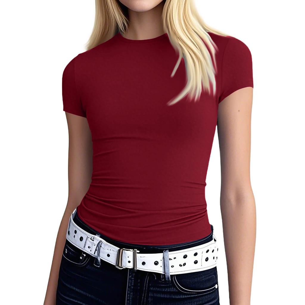 Women's Fashion Pullover Slim T-shirt Round Neck Short Sleeve Solid Color Top