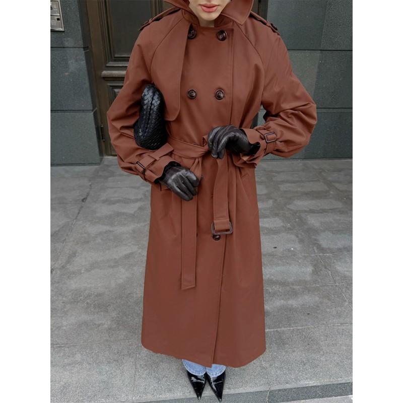 2026 Womens Long Cotton Trench Coat With Stand Collar Double-Breasted Waist Belt Street Style Oversized Fit