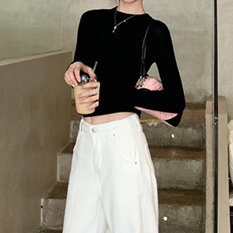 Top pentru femei, verde, cu mânecă lungă, de toamnă, cu gât rotund, cu umăr pozitiv, pe fund, tricot, lenjerie de corp