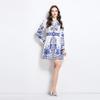 Summer Autumn Women Vintage Palace Print Designer Runway Dress Blazer Collar Party Mini Short Dresses with Belt