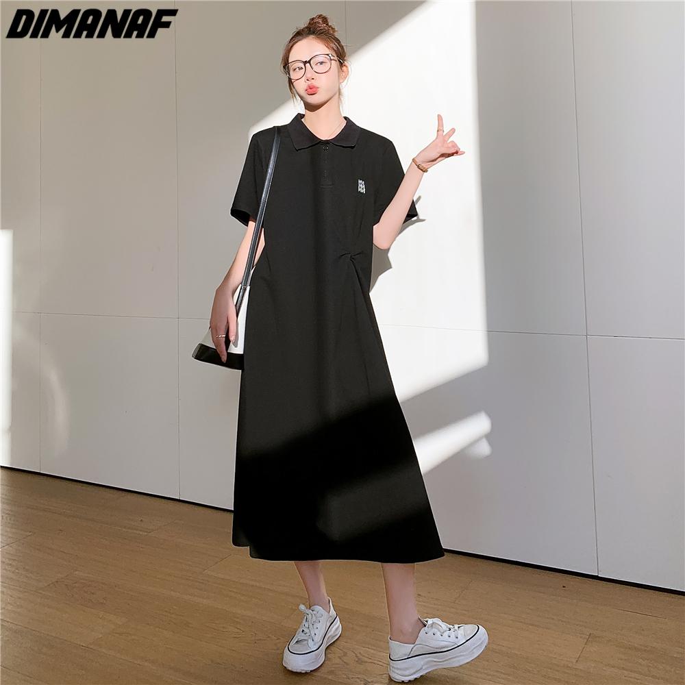 

DIMANAF 2024, летнее платье-рубашка больших размеров, женское длинное платье, повседневное свободное однотонное хлопковое модное базовое платье с коротким рукавом XL чёрный