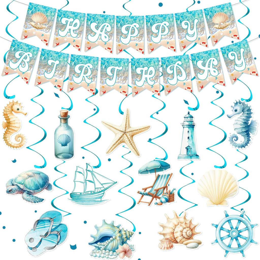 Ocean Beach Birthday Party Decorations Summer Beach Birthday Banner with 13pcs Nautical Seashell Seahorse Hanging Swirls for Coastal Beach Pool Party