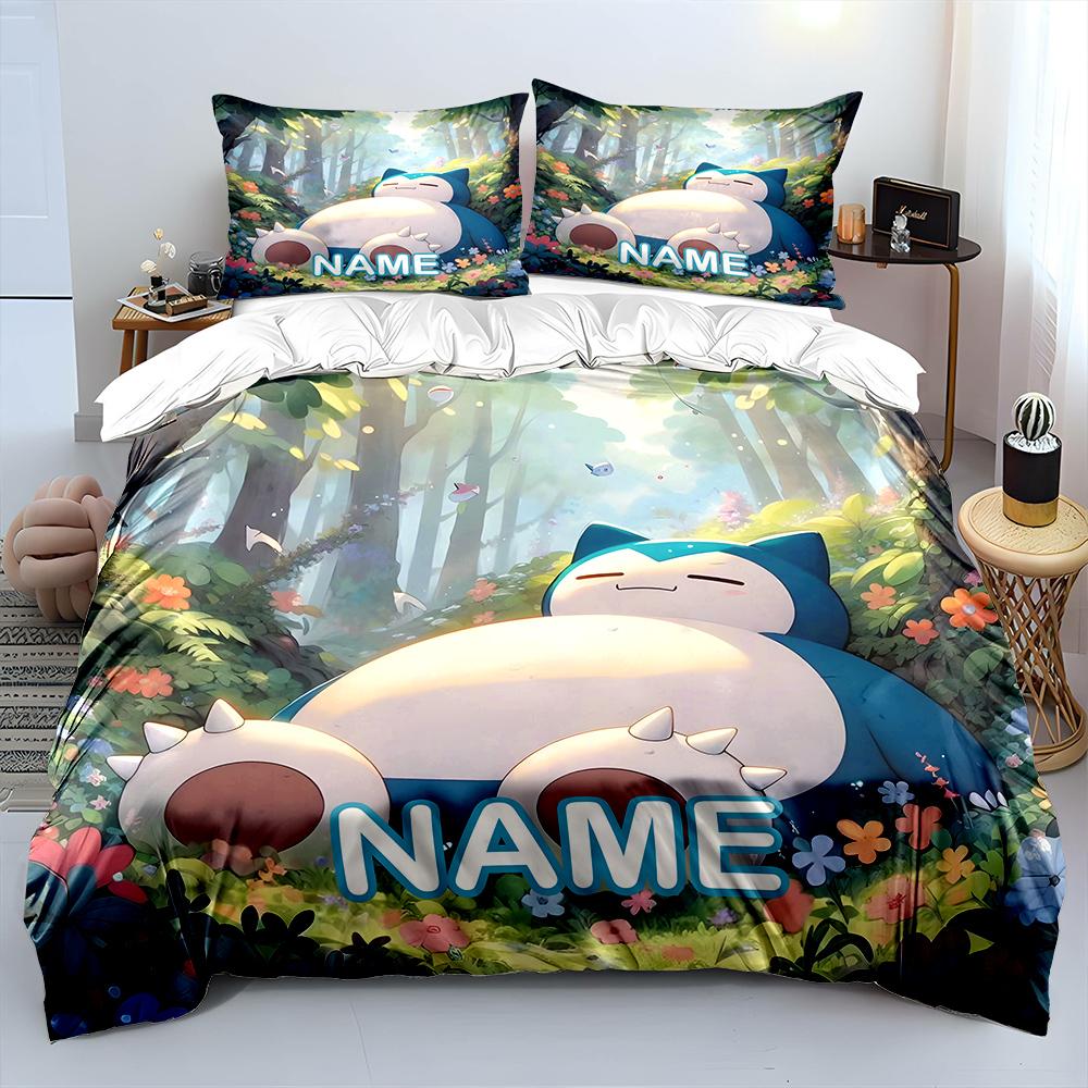 Custom Name Cute Pokemon Snorlax Printed Bedding Set Exquisite Bedding For Double And Single Beds Kids Bedroom 3-Piece Set Gift