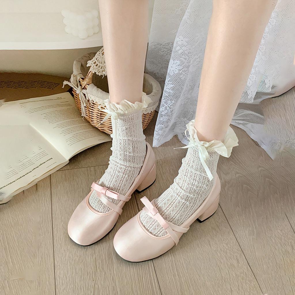 Socks Woman Summer Hollow Lace Bowknot Lolita Solid Color Socks Middle Tube Thin Casual White Sweet Girls Stockings