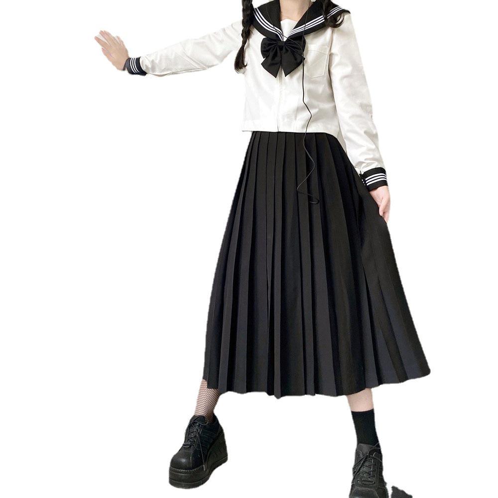 JK Sailor Suit: Black-Collared Off-White Pleated Skirt Set - Three-Piece Basic Style for Spring/Summer