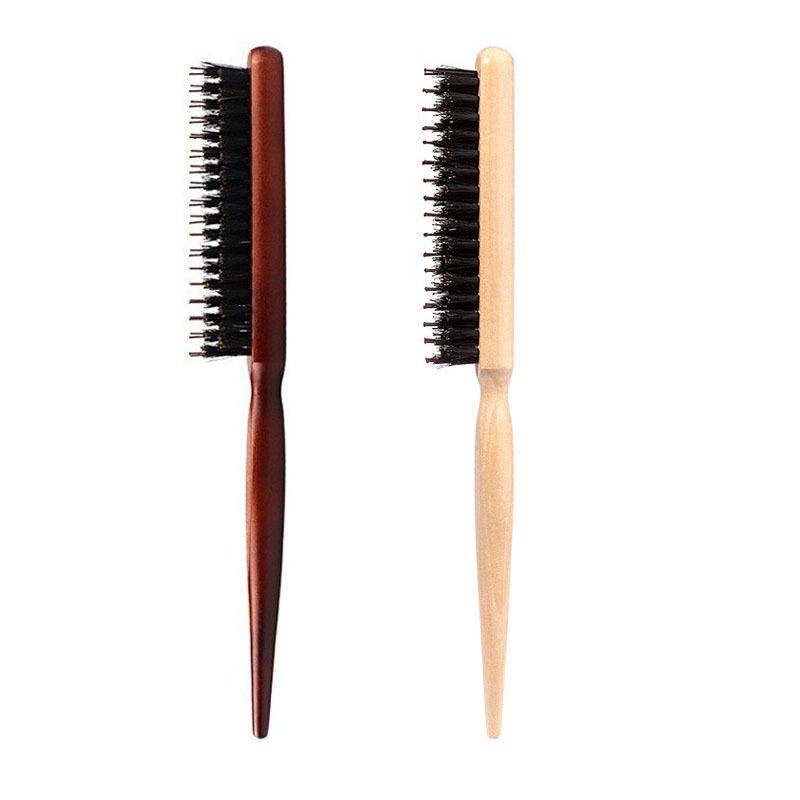 Solid Wood Boar Bristle Teasing Comb - Three-Row Fluffy Styling Comb for Updos and Hair Wrapping