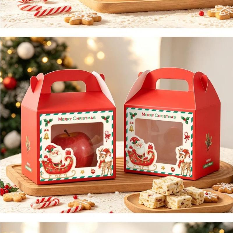 Eco Friendly Christmas Gift Boxes with Clear Window Portable Handle Food Grade Packaging for Cookies Candies Holiday Gifts
