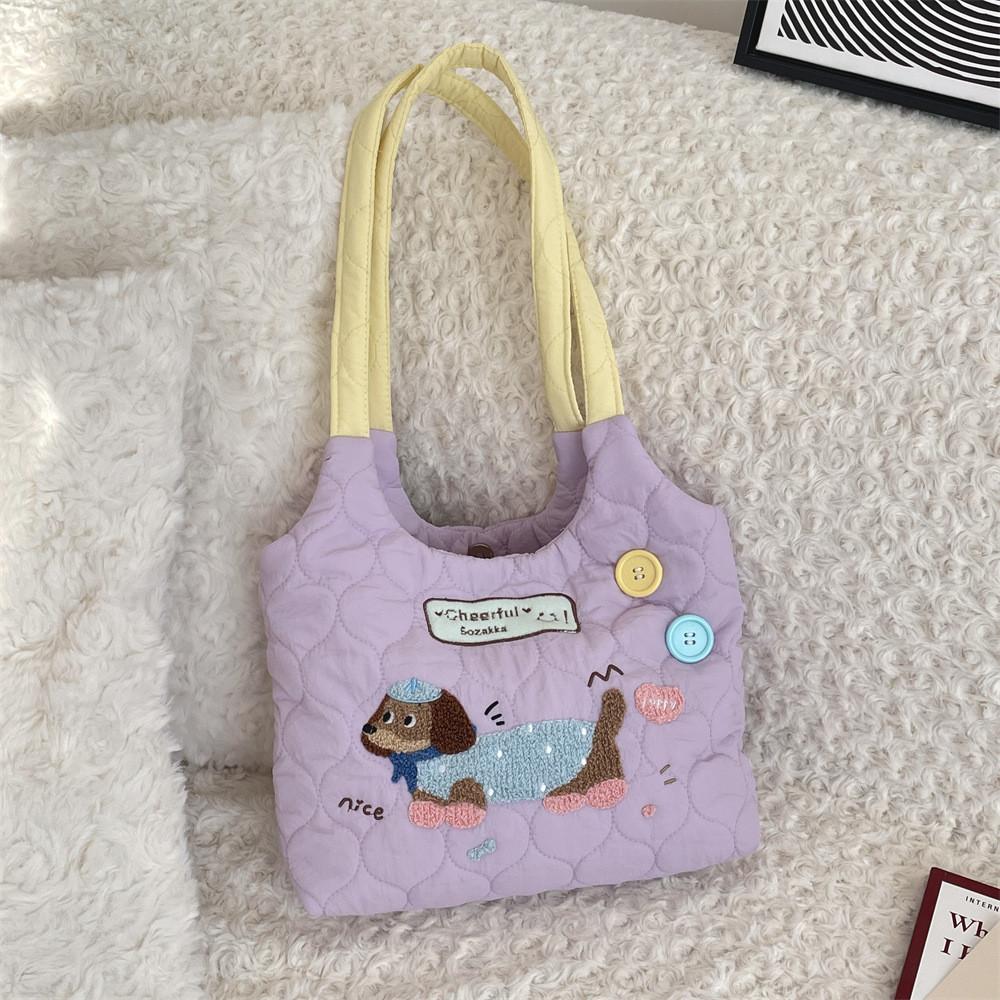 Trendy Street Style Student Tote Bag With Cute Embroidered Dog In Beautiful Hues