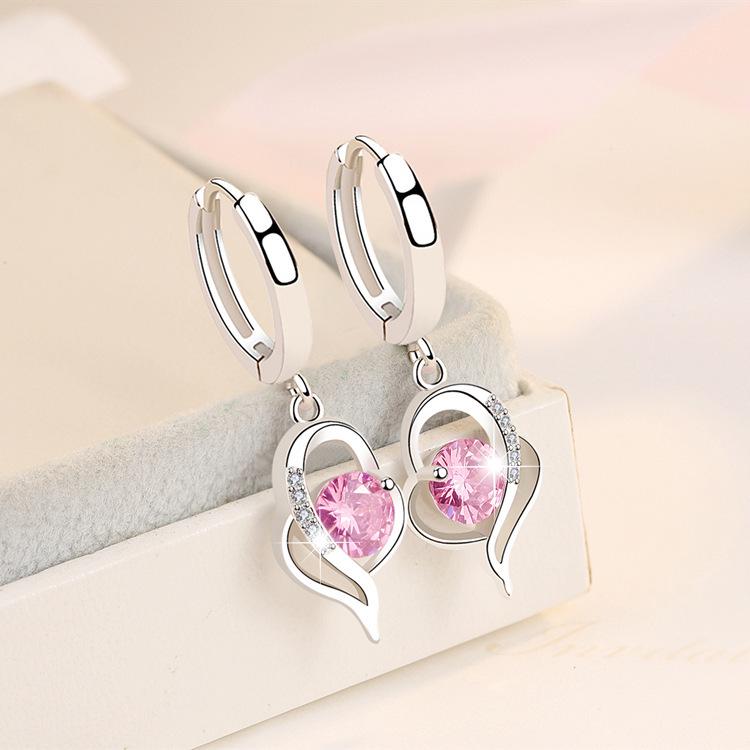 Runxin Elegant Heart Rhinestone Dangle Hoop Earrings for Women - Japanese Korean Fashion Style