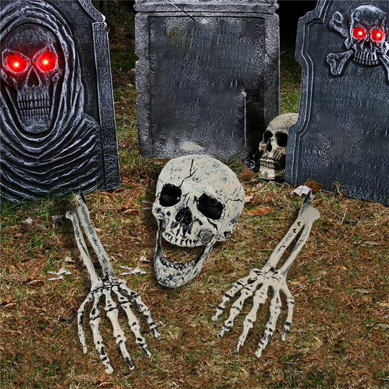 A84E-Realistic Skeleton Stakes Halloween Skull Three-Piece Set Halloween Skull Hand Set