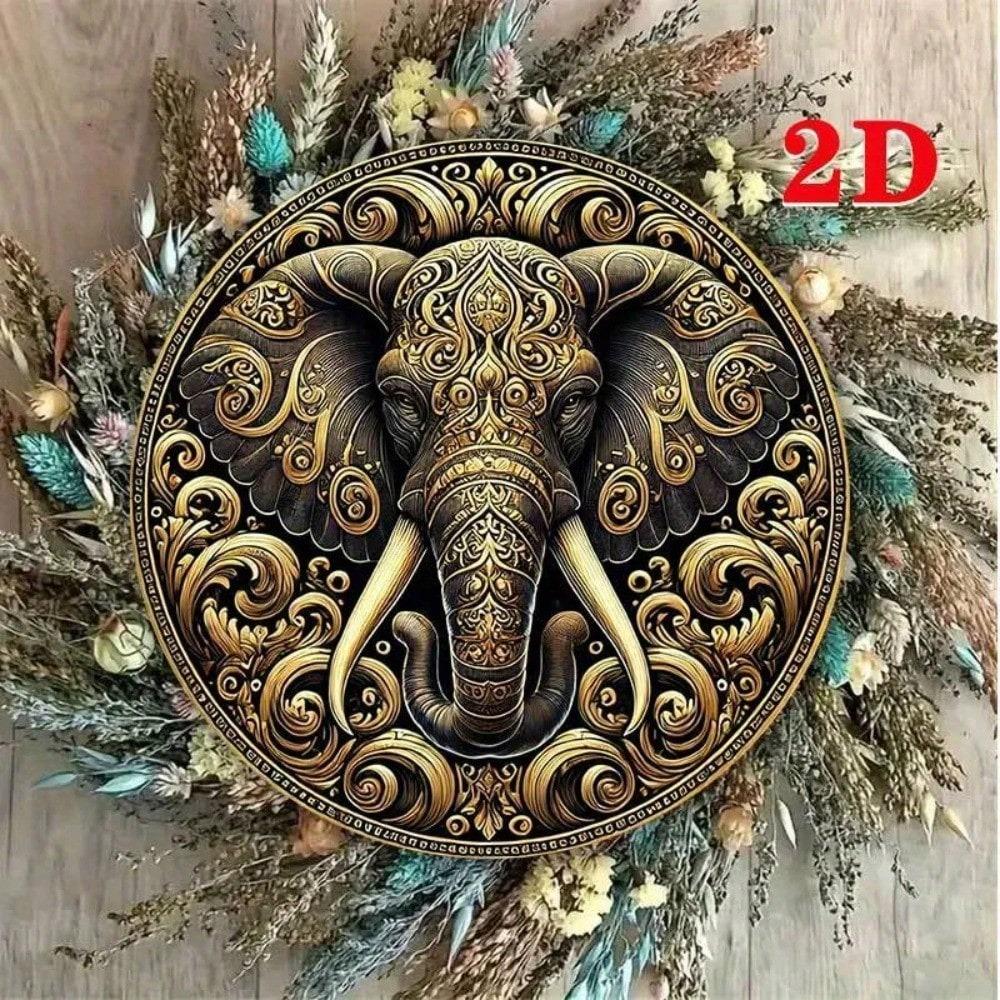 Vintage Golden Elephant Round Aluminum Wall Art Floral Geometric Decor