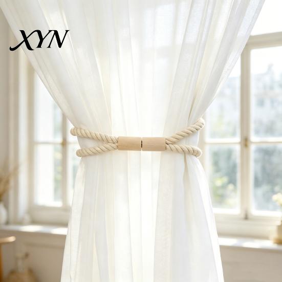 Wall Damage Free Curtain Holder Magnetic Tieback, Cotton Linen Rope Holdback with Wood Buckle for Tool Drapes, Decorative Tie Backs Bedroom,