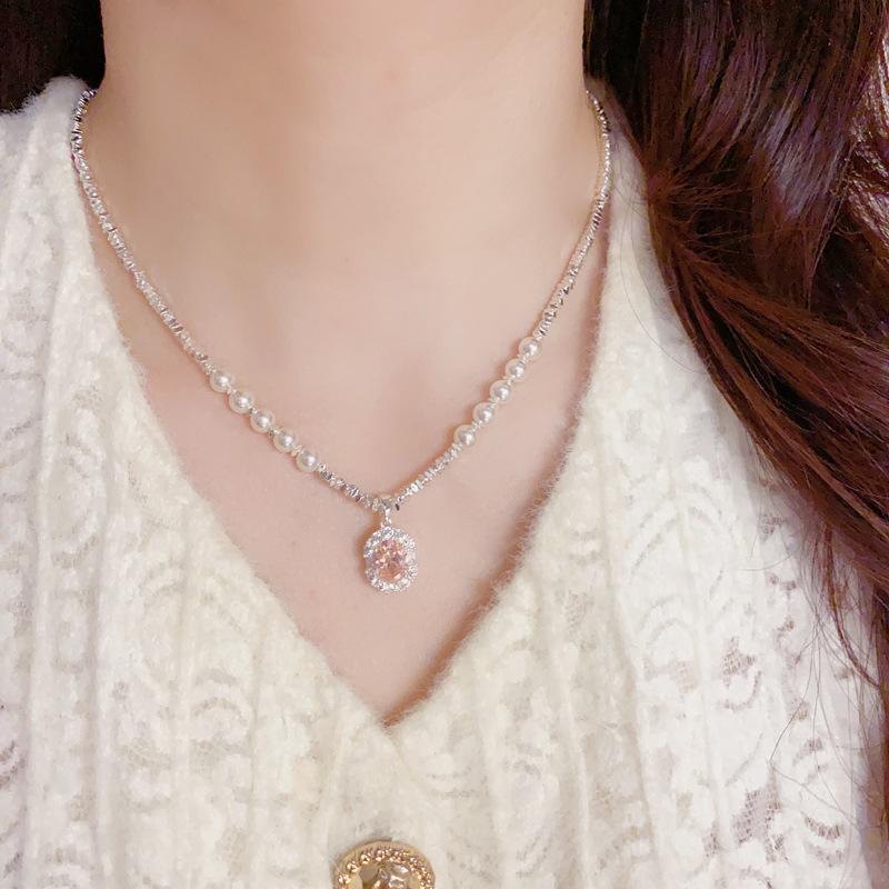 Pink Zircon Pendant Broken Silver Pearl Fashion Clavicle Chain Necklace