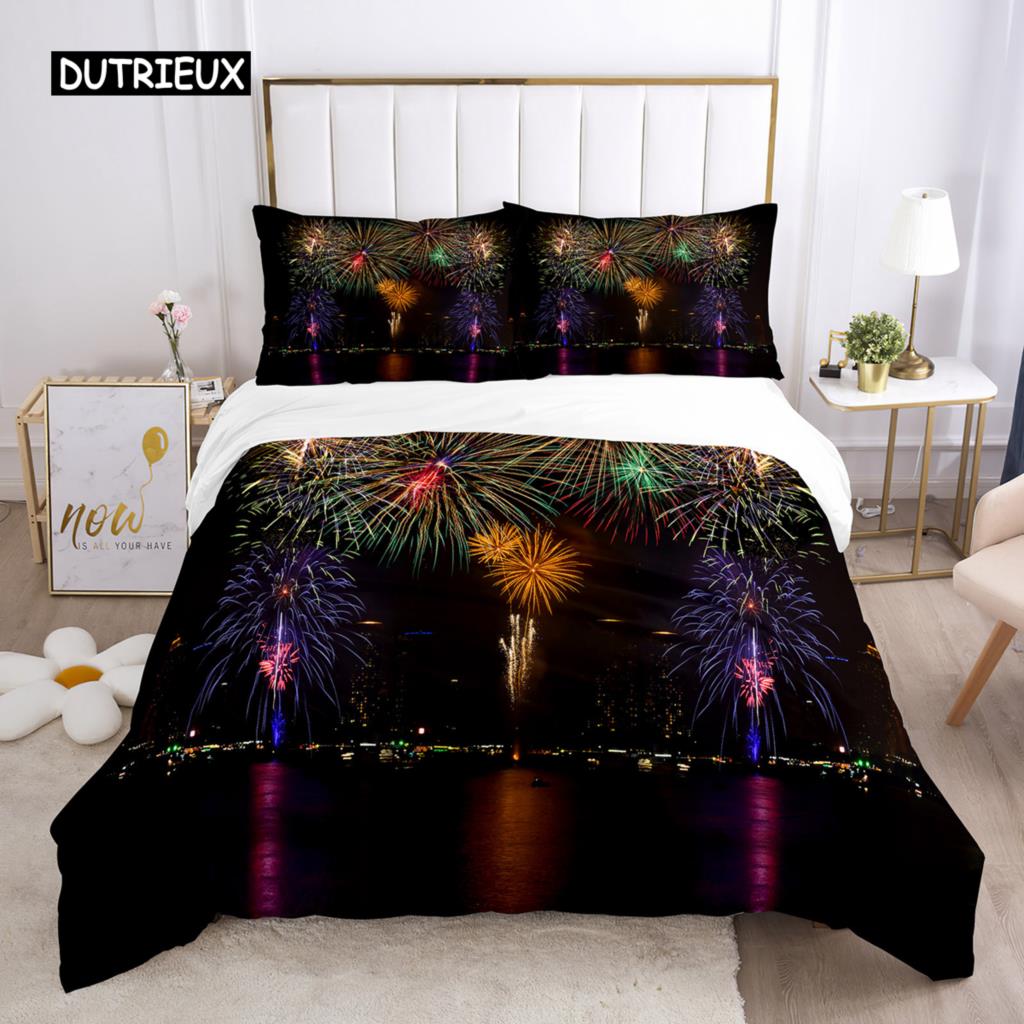 Firework Duvet Cover Set Queen Size Colourful Fires Bedding Set Microfiber Celebrate Merry Christmas Theme Soft Comforter Cover