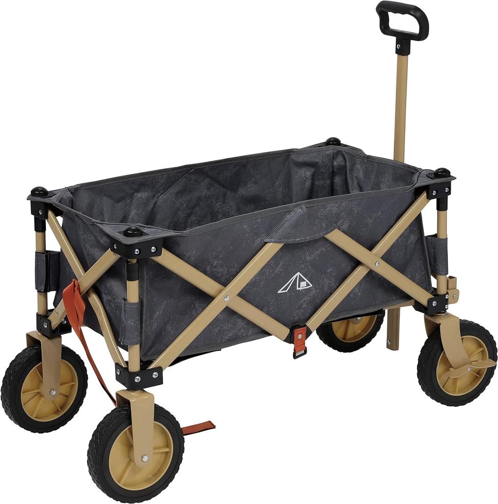 CAPTAIN STAG Outdoor Wagon Compact Carry with Storage Bag and Front Wheel Aging Gray x Camp Out 4-Wheel Stopper, Tan, UL-1080