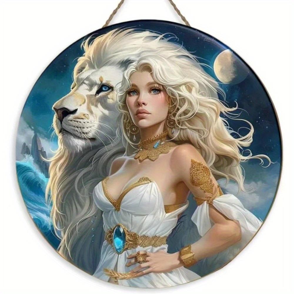 

1 шт. 2d плоский белый лев и женщина тематический знак, круглый деревянный знак - 20 см, подходит для дома, кафе, ресторана, украшения гостиной, праздничного подарка 20cm*20cm