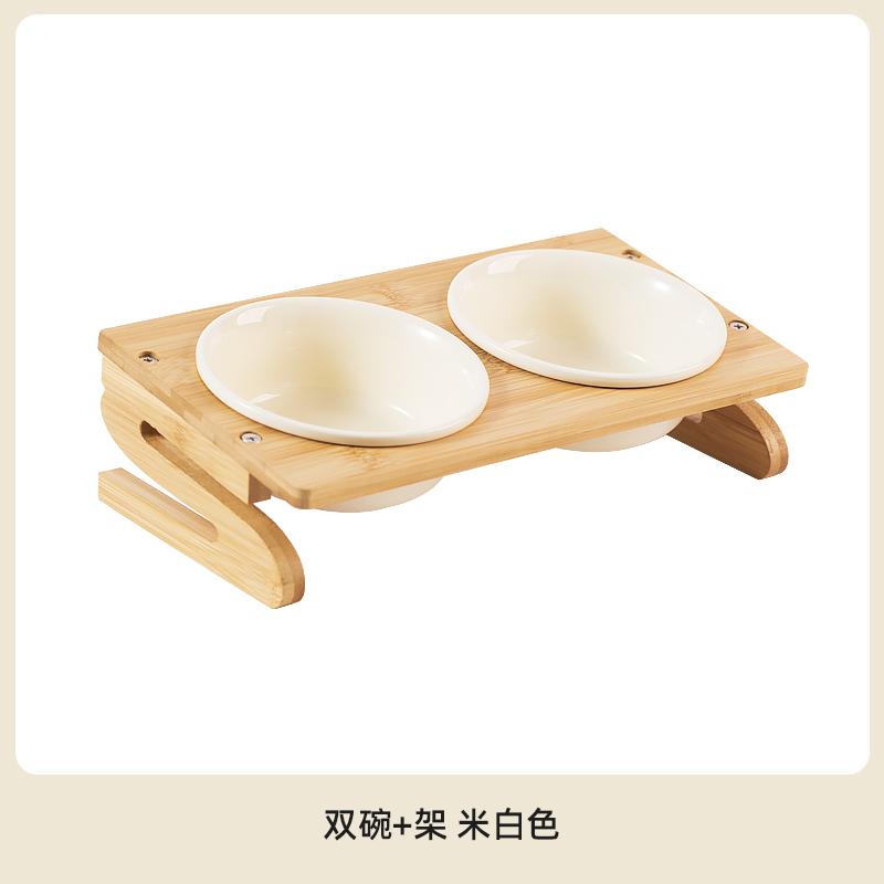 Tilted Ceramic Pet Bowl Bamboo Wood Stand Neck Protection Anti Spill Food Water Dish for Corgi Small Dogs Cats