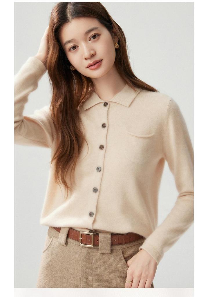 2026 Autumn/Winter Women's Cashmere Polo Collar Cardigan - Solid Color, Loose Fit, Versatile, Single-Breasted Jacket