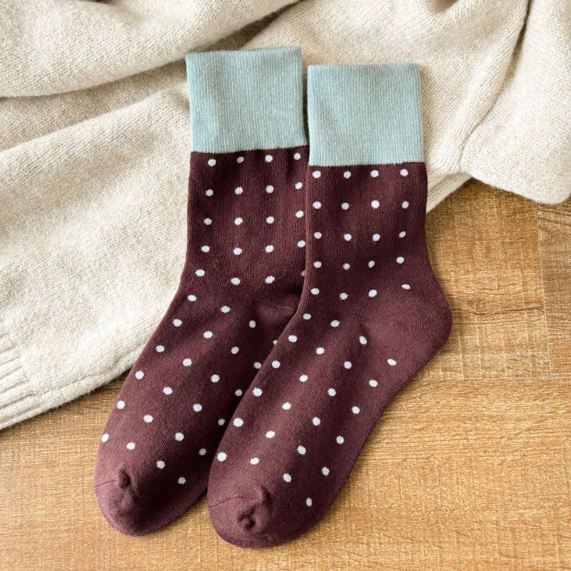 Mid-calf Socks for Women, Spring and Autumn Color-blocking Pile Socks, Retro Polka Dot School Style Cotton Socks for Women