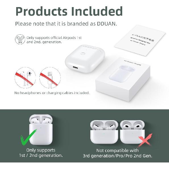 DDUAN Беспроводной зарядный кейс-замена, совместимый с AirPods 1-го и 2-го поколения, Зарядный кейс Air Pods с кнопкой синхронизации Bluetooth, Белый (нет