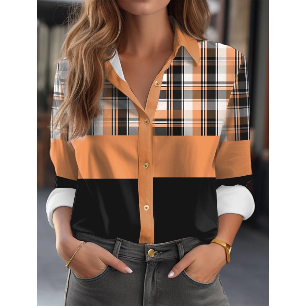 Fashion Multicolour Geometric Splicing Pattern 3D Print Women's Long Sleeves Shirt Autumn Women's Holiday Shirt Women's Clothing