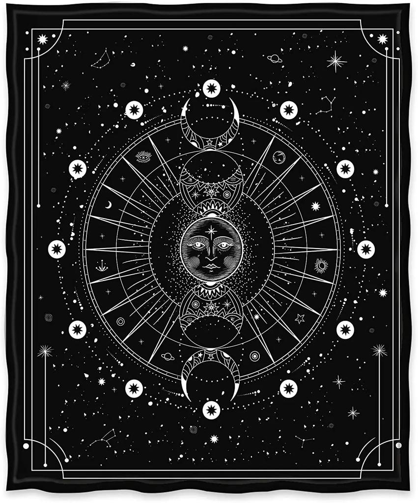 Sun Moon Blanket Stars Space Psychedelic Black and White Print Throw Blanket for Couch Bed Sofa Travel Camping for Kids Adults