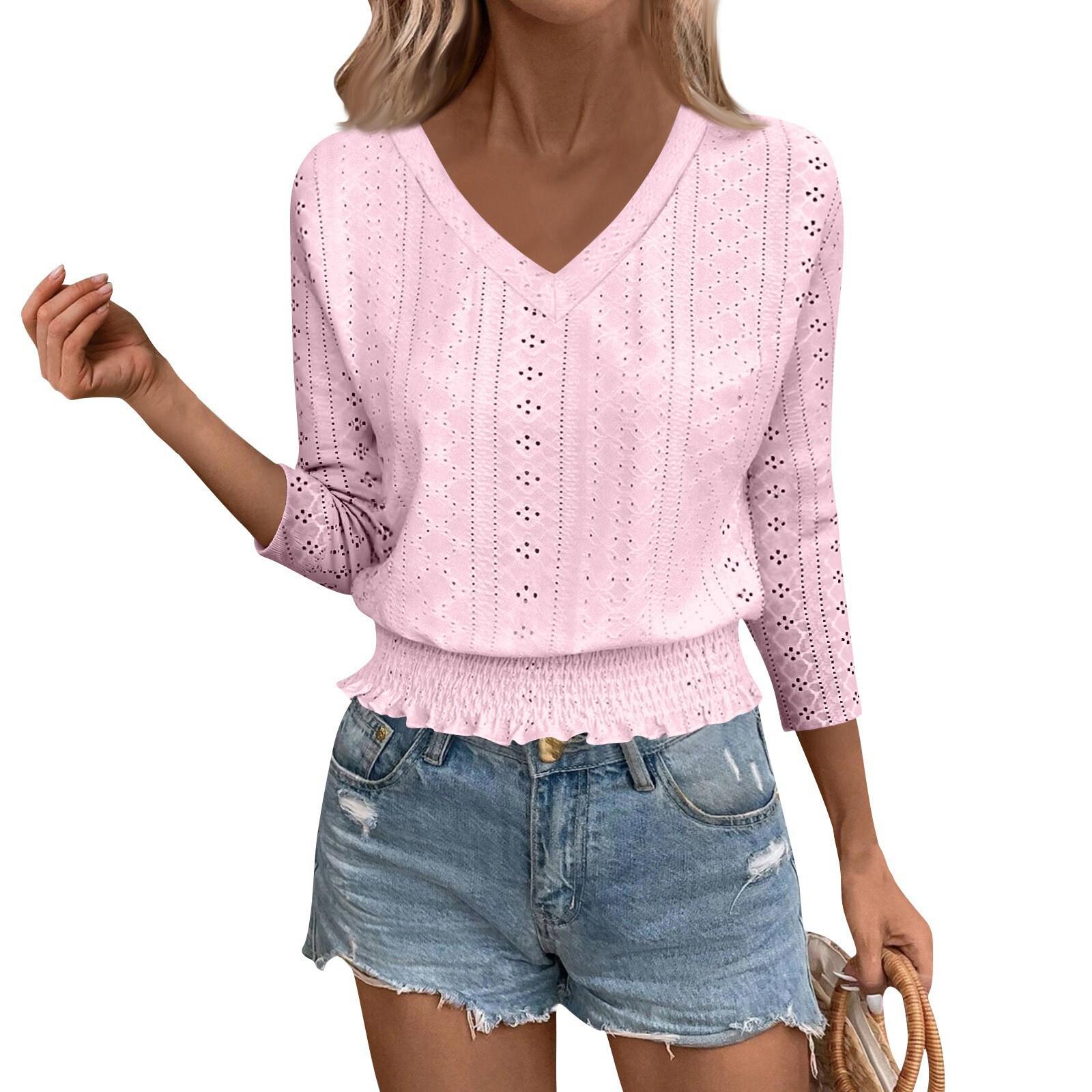 2026 Spring/Summer V-Neck Jacquard Smocked 7-Sleeve T-Shirt - Chic Casual Top Medium