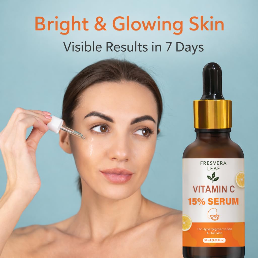Serum z Witaminą C do Twarzy 15% - Rozjaśniająca & Rozświetlająca Skóra | Redukuje Przebarwienia | Lekkie do Codziennego Użytku | 30ml - Liść Fresvera