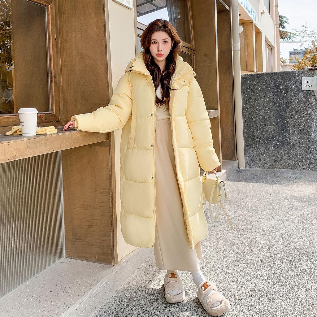 Collegiate Daunen Baumwolljacke 2025 Neu Kapuzen Lang Über Knie Brotjacke Süß und Vielseitig Locker Verdickte Jacke