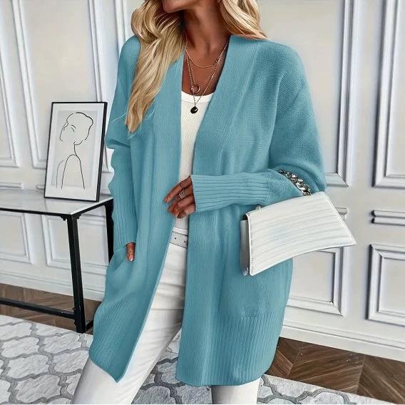 Women's Plus Size Knit Cardigan with Pockets, Relaxed Shawl Style Long Sweater Jacket
