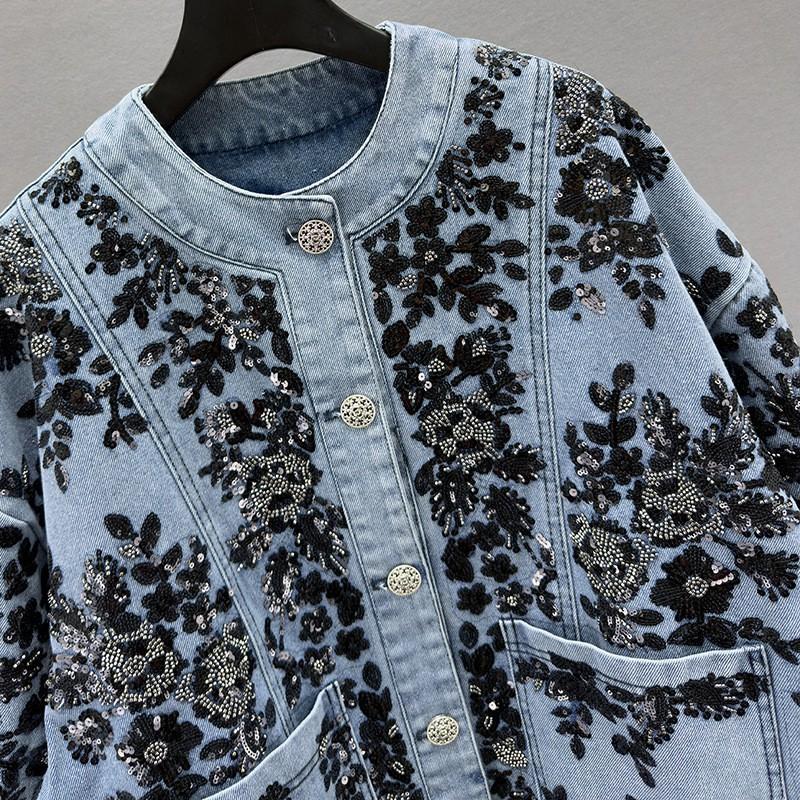 2026 Fall Winter Heavy Embroidered Sequin Denim Jacket Women Vintage Streetwear Trendy Outerwear