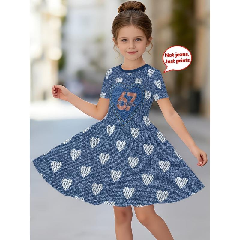 Dress for Girls Fashion Cowboy Print Fake Two-Piece Set Short Sleeve Summer Dresses Casual Round Neck A-Line Dress Girl Clothes