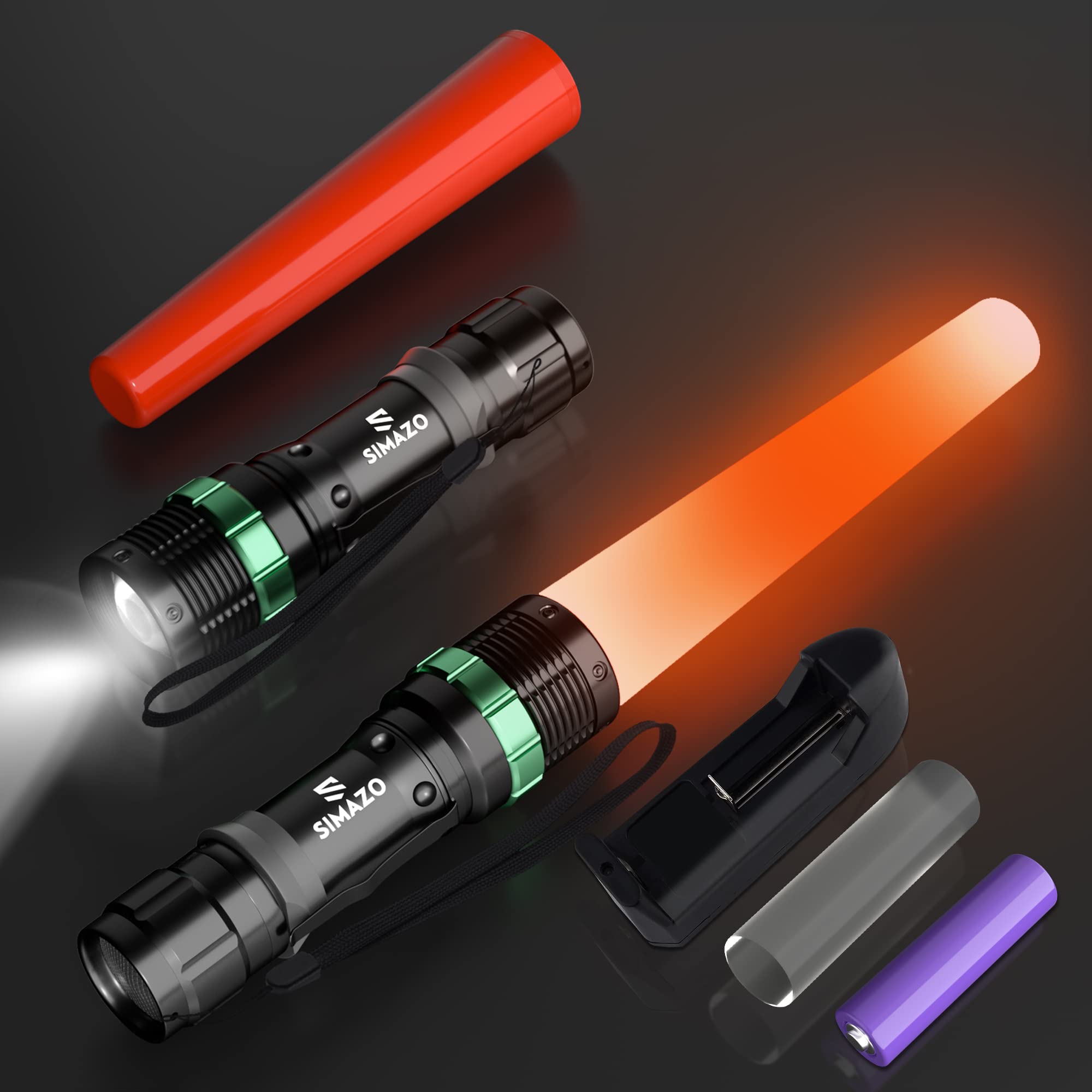 

SIMAZO Rechargeable Traffic Bright LED Flashlight Air Control Wand with 5 Flashing Modes for Marshalling and Traffic Control Wand, 2-Pack, 11-Inch