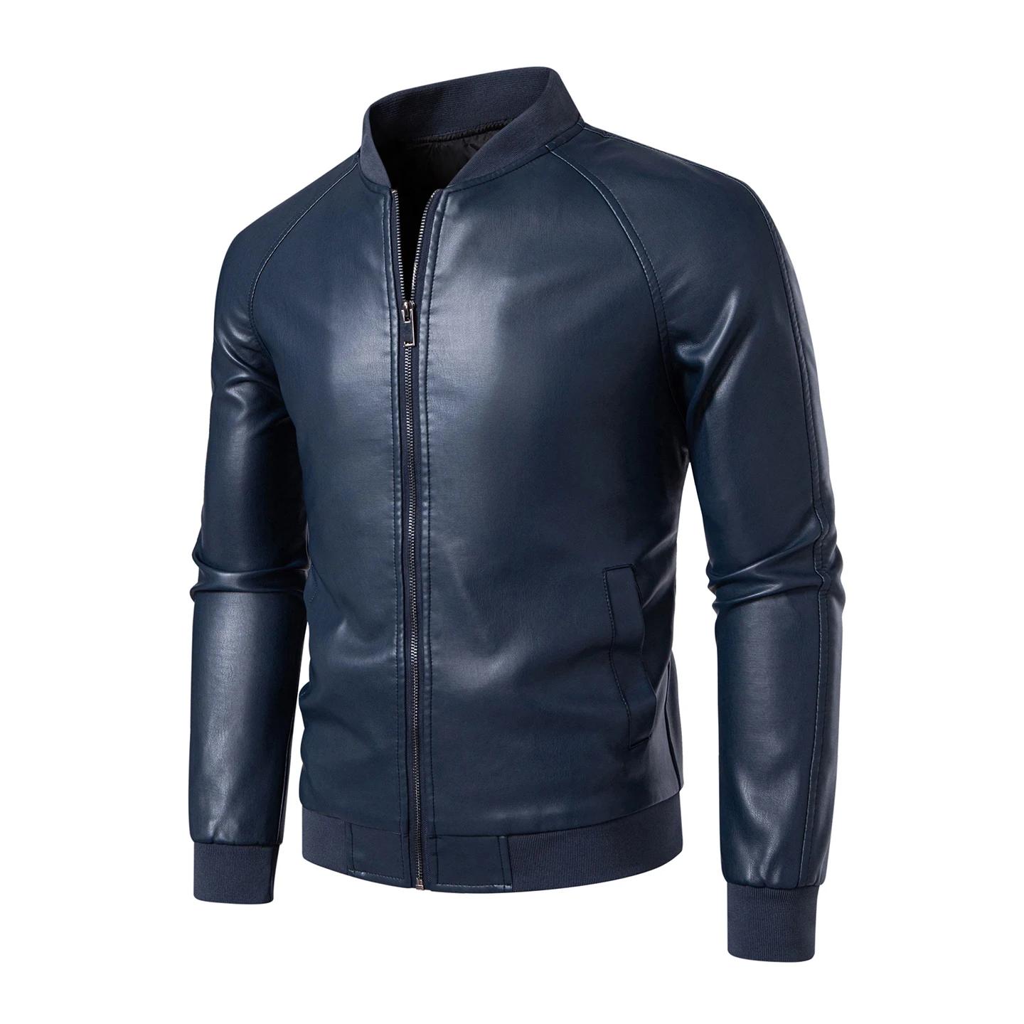 

Мужская мотоциклетная куртка Осень Мужская куртка-стойка из искусственной кожи Ветрозащитная верхняя одежда Повседневное пальто из искусственной кожи M синий