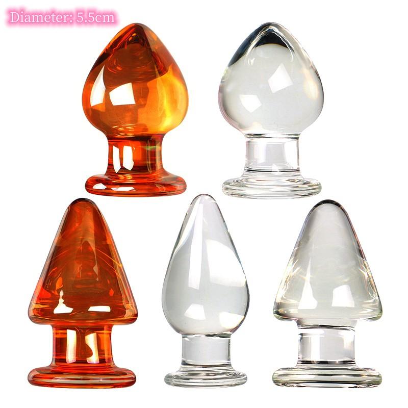 VaHppy Sklenené análne kolíky veľké 5,5 cm priehľadné/zlaté SM BDSM Sexuálne hračky pre dospelých Unisex lesbický gay análny masturbátor stimulácia
