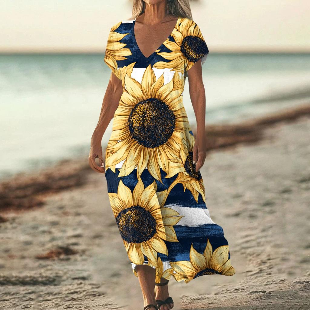 Sommerkleid Damen Lang Strandkleid Elegantes Kleid V-Ausschnitt Kurzarm Sommerkleid Leicht Luftig