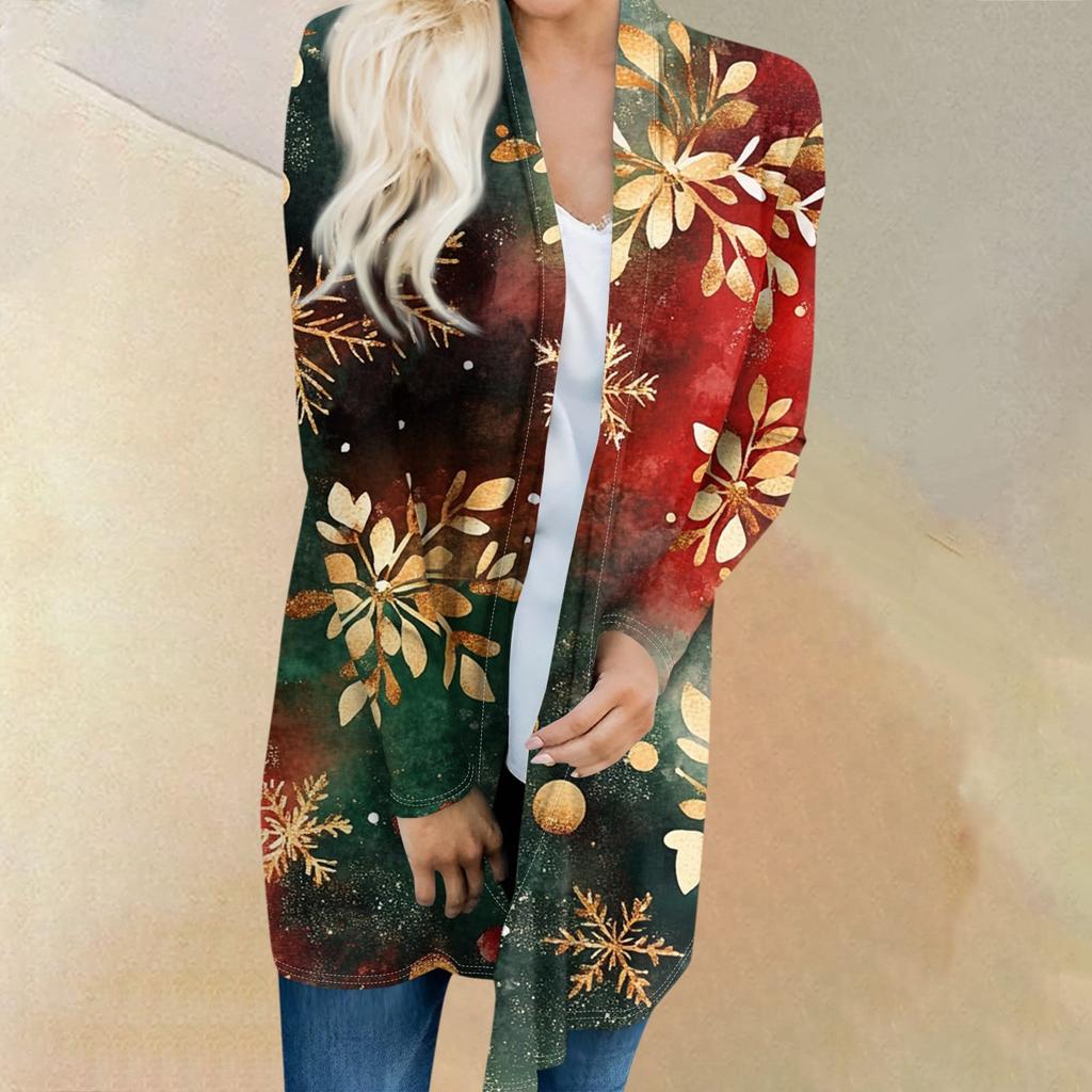 Dámský módní ležérní kardiganový kabátek střední délky s vánočním stromkem