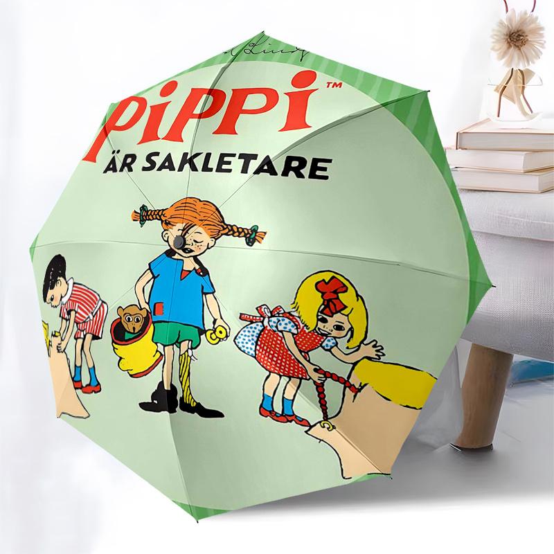 Pippi Langstrumpf Themen-ReiseregenSchirm - 8 Rippen, Automatisches Öffnen und Schließen, Tragbares FaltDesign, Kompakter und Stilvoller Schirm Geeignet