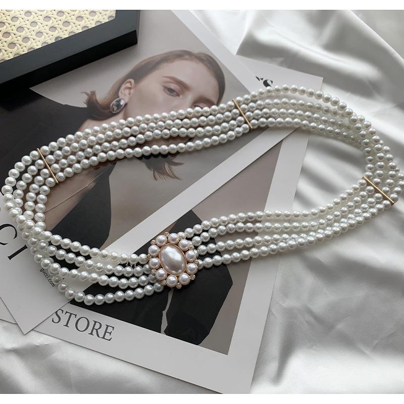 Pearl Waist Chain Ladies Belt Fashion Dress Decorative Rhinestone Elastic Beaded Elastic Waist Seal
