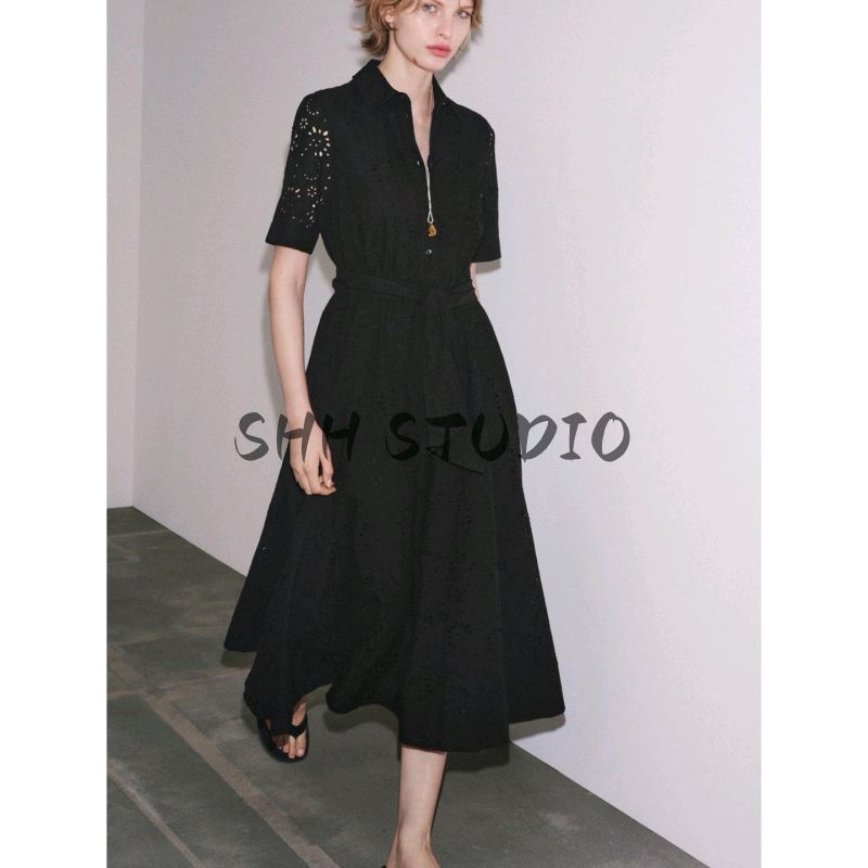 Summer New Product Women's Clothes with Belt Flip Collar Cut Out Embroider Shirt Short Sleeve Dress 8223087