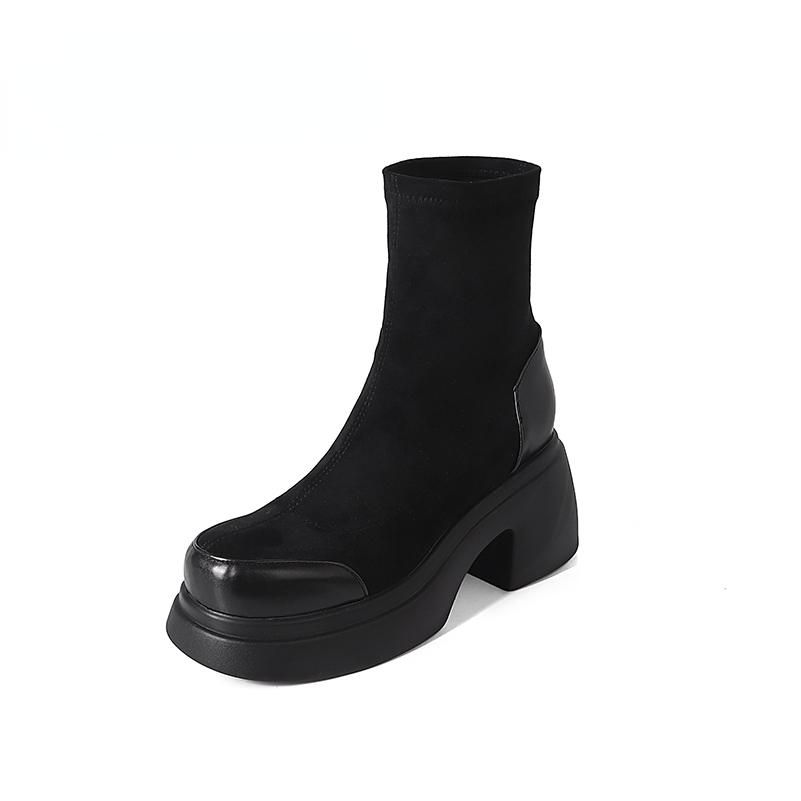 

ANNYMOLI/Женские ботильоны с круглым носком на платформе, короткие ботинки на толстом высоком каблуке, лаконичный дизайн, женская модная обувь, зимняя черная обувь 43 33 чёрный