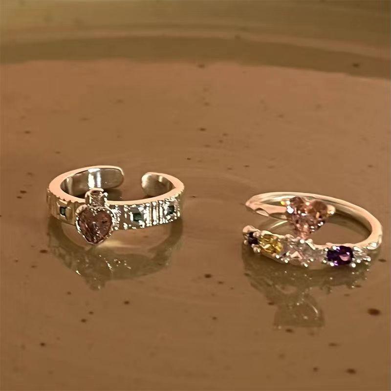 Temperament Sweet Light Luxury Pink Diamond Love Ring Female Korean Niche Versatile High-End Zircon Open Ring