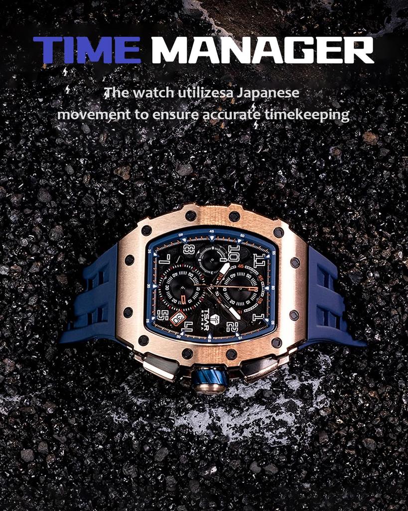 TSAR BOMBA Men's Skeleton Mechanical Automatic Watch Ceramic Japanese Movement Tonneau Silicone Strap 50M Water Resistant Luminous Luxury Business