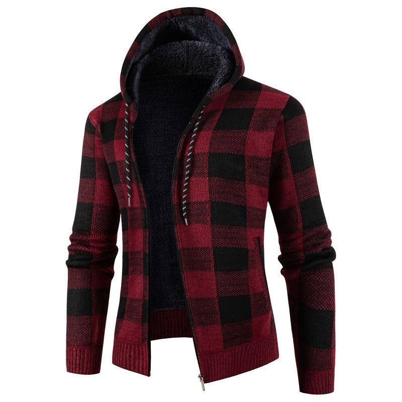 Winter Men'S Fleece Thickened Hooded Padded Jacket Men'S Zipper Padded Jacket Loose Plaid Jacket