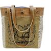 LEATHER Tote Bag, Canvas Shoulder Bag with Leather, 16x13x4 inches, Bicycle Print - Khaki, for Women