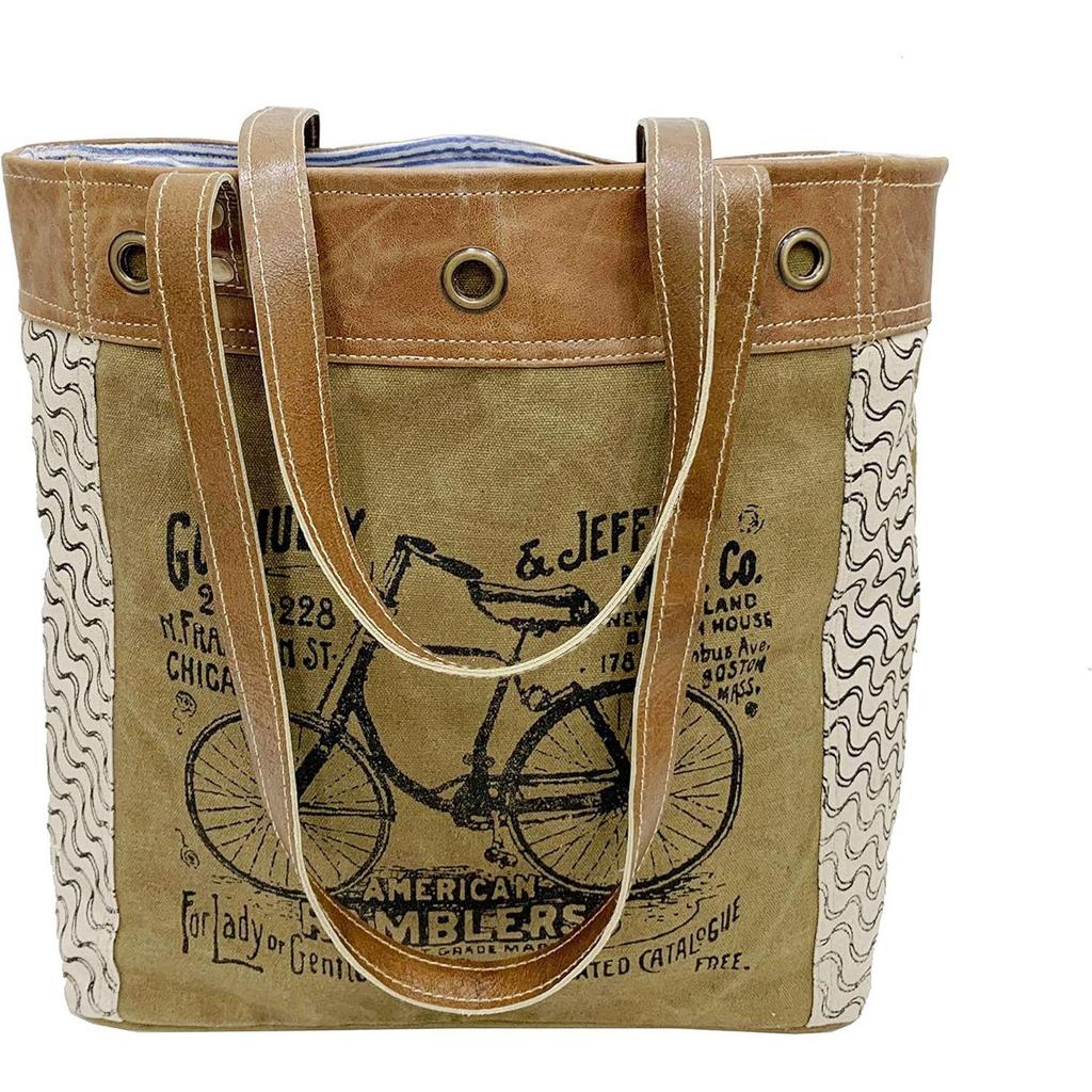 LEATHER Tote Bag, Canvas Shoulder Bag with Leather, 16x13x4 inches, Bicycle Print - Khaki, for Women
