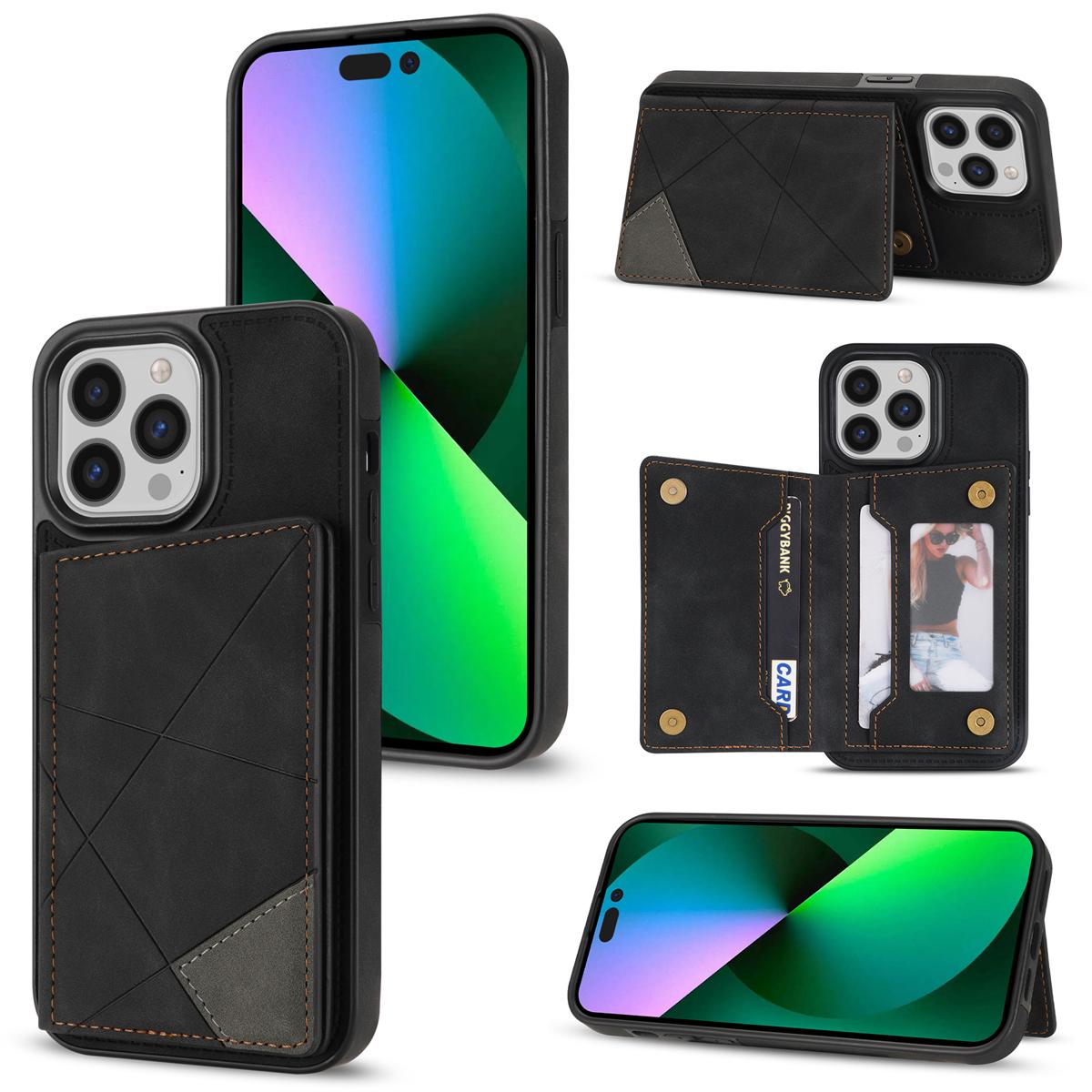 

For iPhone 15 Pro Line Splicing Imprinting Card Holder Kickstand PU Leather+TPU Back Case Phone Case Black