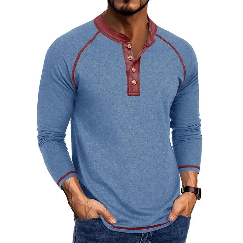 Men's Long Sleeve Henry Neck T-Shirt Fashion Sports Business Casual Tees Tops Man